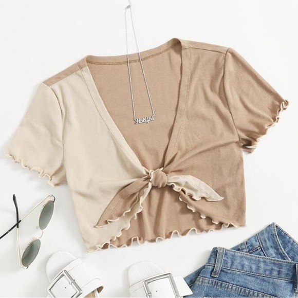 SHEIN Tops - Two Tone Tie Front Crop Top Brown and Tan SHEIN Size Large